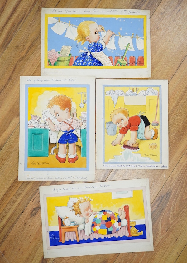 Reg Maurice (Aka. Vera Paterson), four original gouaches on card for postcards, humorous children to include ‘I’m getting used to married life’, each signed with inscriptions to the margins, largest 32 x 23cm, unframed.